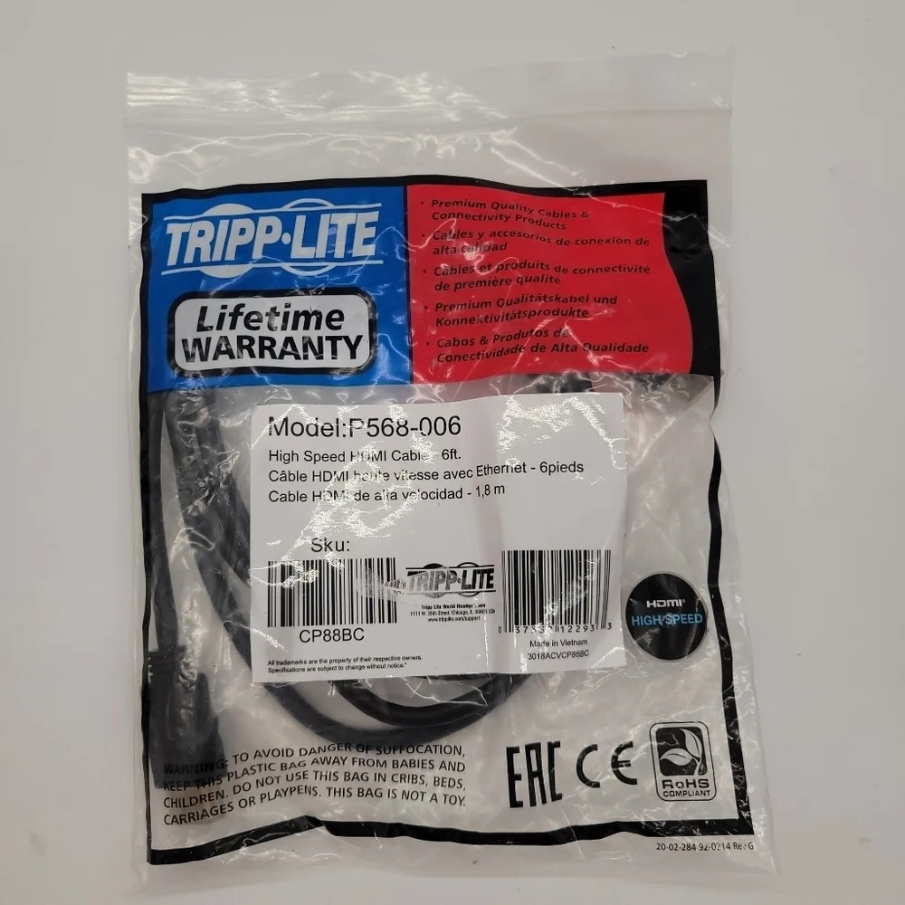 New Tripp Lite High Speed HDMI Cable 6-ft Model P568-006 [EJ20-1]